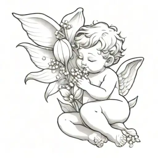 Cherub angel holding a Lilly of the valley sketch black and white no shading or colour tattoo design idea