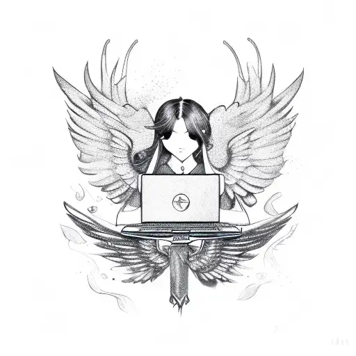 A laptop with wings, symbolizing freedom and creativity tattoo design idea