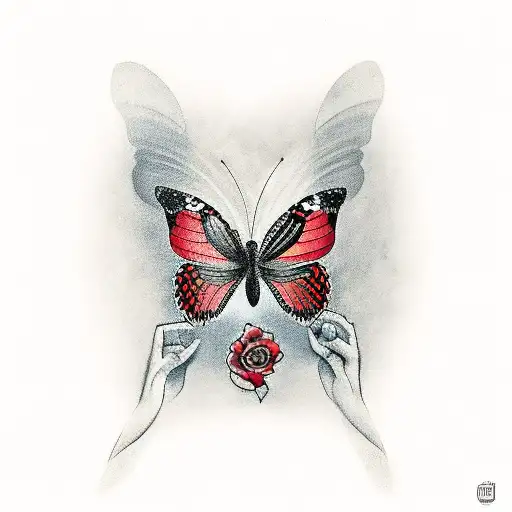 Black and red butterfly with "Evelyn 3/20/23" written near it tattoo design idea