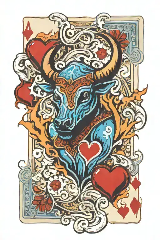 old poker cards with one heart on fire and the other have blue bull Cody johnson tattoo design idea