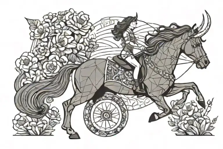 A trans woman riding a mythical creature through a field of flowers and mushrooms tattoo design idea