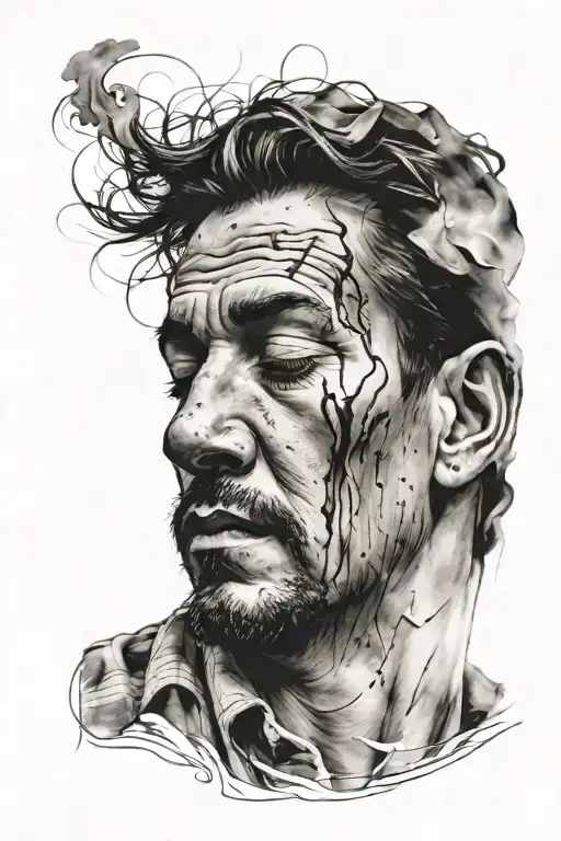 A man with eyes closed as if dreaming and has big dreams but accepts his mistakes and fear of dying tattoo design idea