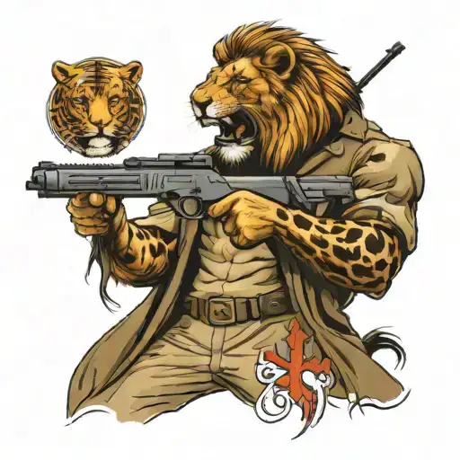 airsoft sniper aiming and Lion roaring on all arm sleeve tattoo design idea