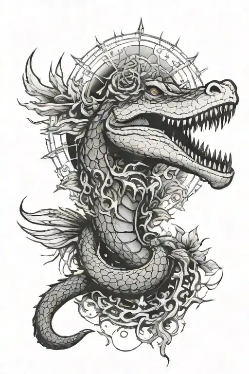 Make a sketch of a tattoo to illustrate Chukovsky’s fairy tale The Stolen Sun where there will be a crocodile with the s tattoo design idea