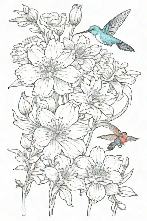 carnation, snowdrop, daisy, sweet pea, water lily, larkspur, hummingbird, butterfly   tattoo design idea