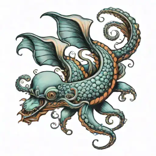 giant squids with huge tails in the deep oceans tattoo design idea