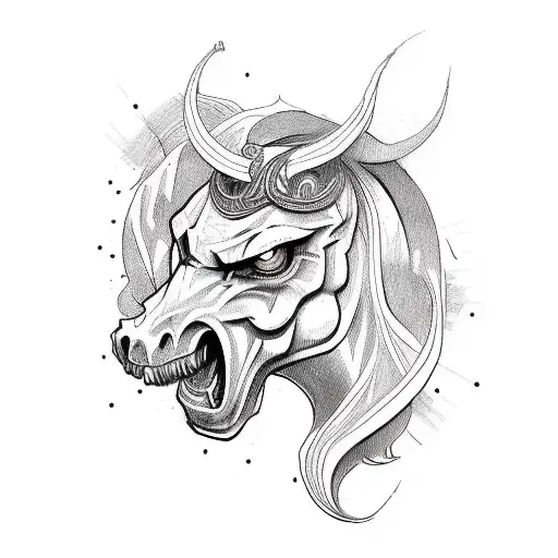 Design a sketch-style tattoo with a demon's face morphing into a horse's head tattoo design idea