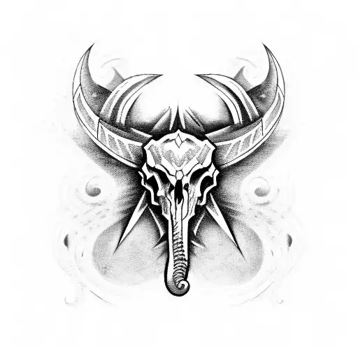 A satanic demon with Viking-inspired armor wielding a sword in one hand and an elephant skull in the other tattoo design idea