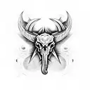 A satanic demon with Viking-inspired armor wielding a sword in one hand and an elephant skull in the other tattoo design idea