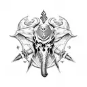 A satanic demon with Viking-inspired armor wielding a sword in one hand and an elephant skull in the other tattoo design idea