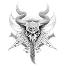 A satanic demon with Viking-inspired armor wielding a sword in one hand and an elephant skull in the other tattoo design idea