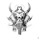 A satanic demon with Viking-inspired armor wielding a sword in one hand and an elephant skull in the other tattoo design idea