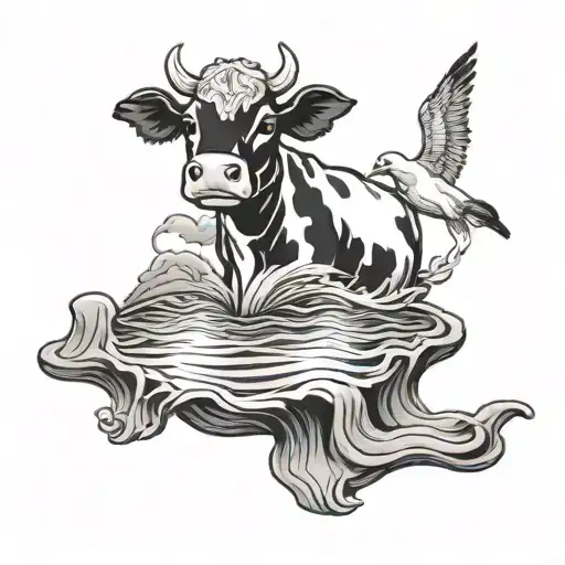 A black tattoo of a serene ocean scene with a stuffed cow floating peacefully tattoo design idea