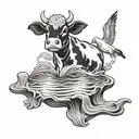A black tattoo of a serene ocean scene with a stuffed cow floating peacefully tattoo design idea