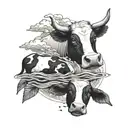 A black tattoo of a serene ocean scene with a stuffed cow floating peacefully tattoo design idea