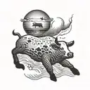 A black tattoo of a serene ocean scene with a stuffed cow floating peacefully tattoo design idea