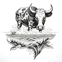 A black tattoo of a serene ocean scene with a stuffed cow floating peacefully tattoo design idea