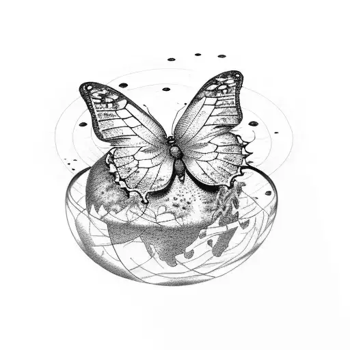 A mystical dotwork tattoo of a butterfly emerging from a cracked globe, symbolizing the beauty and fragility of our Earth tattoo design idea