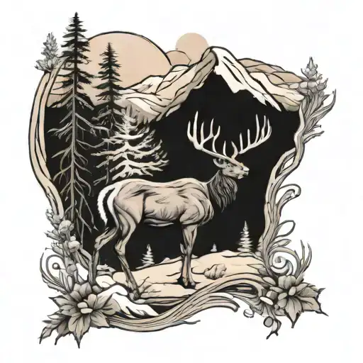 winter deer black and white mountains tattoo design idea