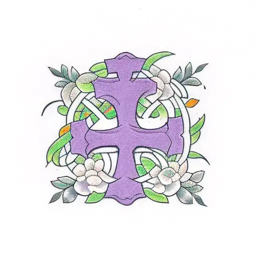 cross made from vines and flowers with G>^v written underneath  tattoo design idea