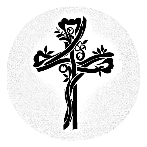 cross made from vines and flowers with G>^v written underneath  tattoo design idea