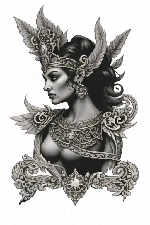 warlike and beautiful goddess, with motifs and elements of the countries of Greece and Georgia tattoo design idea