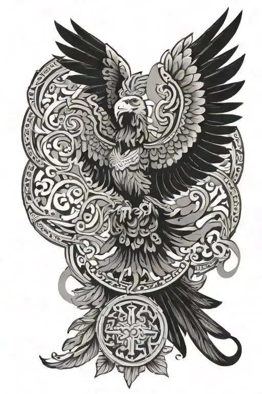 warlike and beautiful Georgian goddess, eagle and Greek patterns tattoo design idea