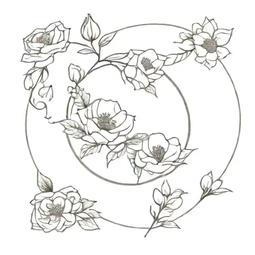 heart wreath with birth flowers; carnation, lily, daisy, rose and poppy tattoo design idea