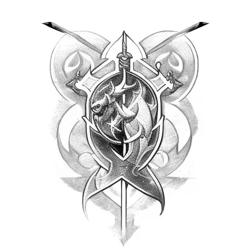 sword with Pisces symbol handle and a Taurus left handle and a Gemini right handle  tattoo design idea
