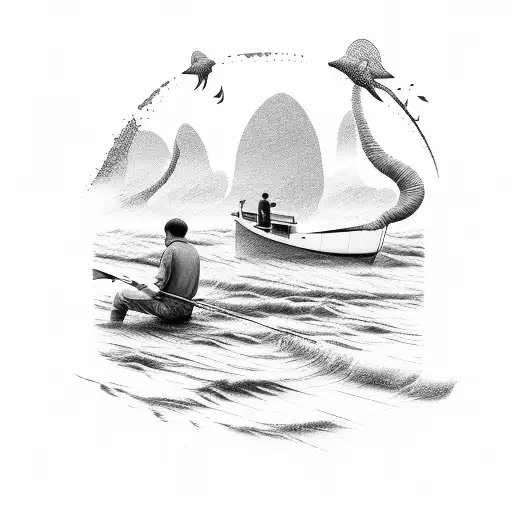 40 years old father and 5 years old son are fishing by the seaside tattoo design idea