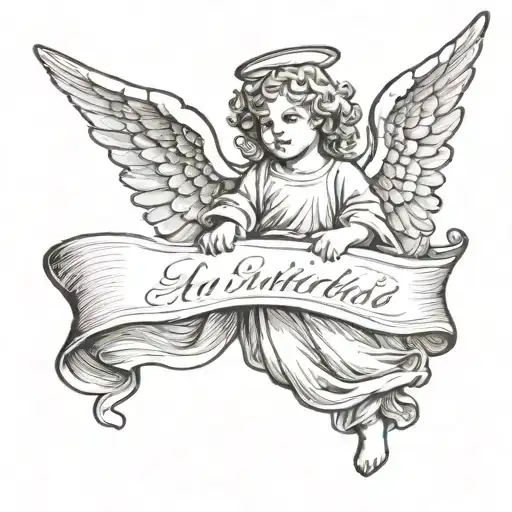 small classic angel holding banner with cursive writing tattoo design idea