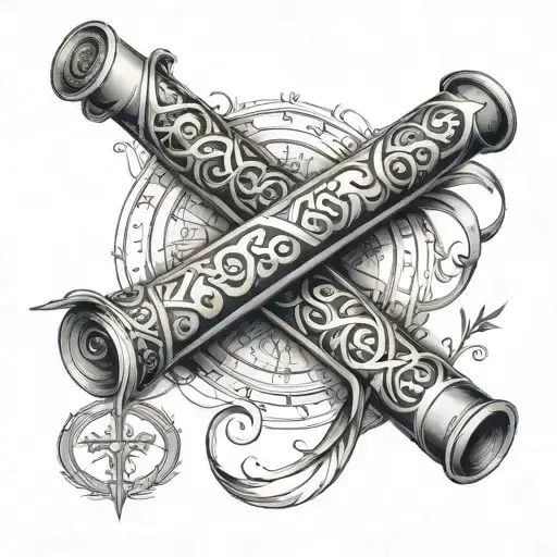 An ancient scroll unraveling to reveal a mathematical equation intertwined with classic Catholic symbols tattoo design idea