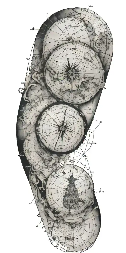 Create a tattoo that combines elements of historical maps with mathematical equations to represent the interconnectedness of knowledge and exploration tattoo design idea