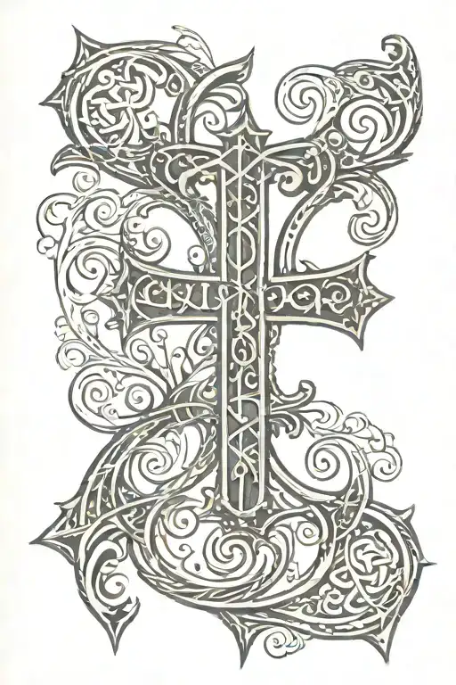 chi rho with filigree and cursive text in the background less intricate filigree tattoo design idea