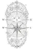 compass rose map, include cursive text somewhere, make the compass small, include a couple small catholic symbols tattoo design idea