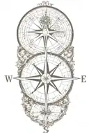 compass rose map, include cursive text somewhere, make the compass small, include a couple small catholic symbols tattoo design idea