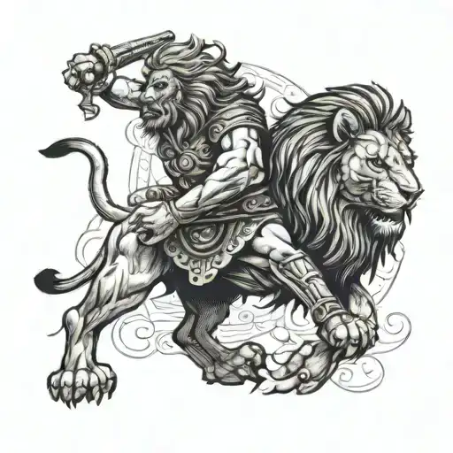 Lion with gladiator standing triumphantly tattoo design idea