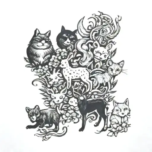 An intricate tattoo featuring all your favorite animals (cats, dogs, deer, squirrel, rabbit, fish, bear, hog) in a cohesive design tattoo design idea