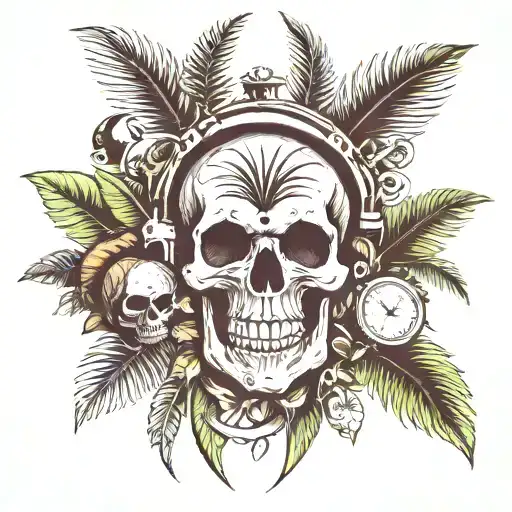 Skull and watch and coconut trees inside tattoo design idea