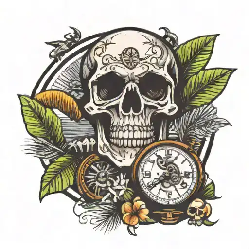 Skull and watch and coconut trees tattoo design idea