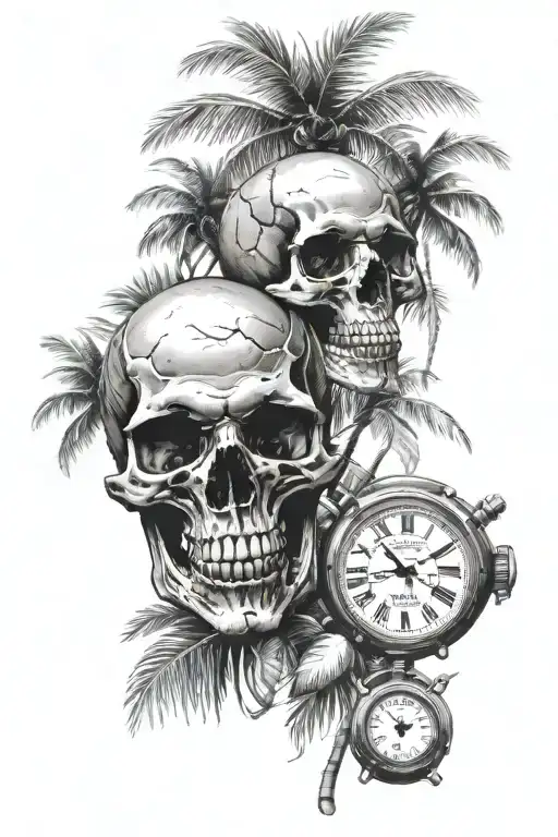 Skull and watch and coconut trees tattoo design idea