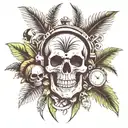 Skull and watch and coconut trees inside tattoo design idea