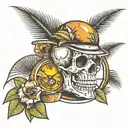 Skull and watch and coconut trees inside tattoo design idea