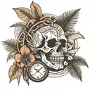 Skull and watch and coconut trees inside tattoo design idea