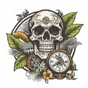 Skull and watch and coconut trees tattoo design idea