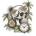 Skull and watch and coconut trees tattoo design idea