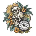 Skull and watch and coconut trees tattoo design idea