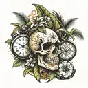 Skull and watch and coconut trees tattoo design idea
