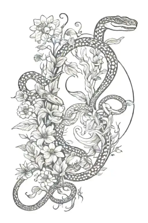 Snakes, trees, flowers, carnivorous plants, sun, and moon tattoo design idea