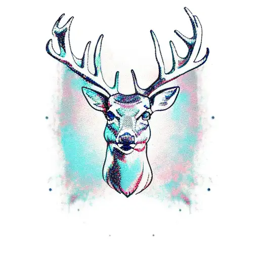 Deer head half abstract, half realistic with a clock between its antlers tattoo design idea